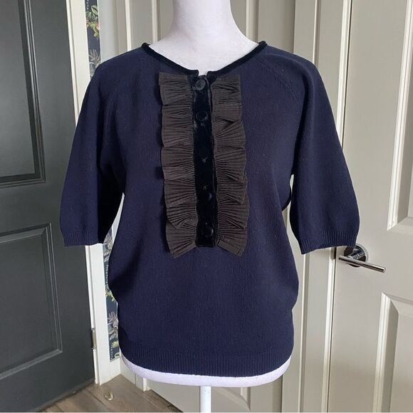 Marc Jacobs 100% Cashmere Navy Short Sleeve Ruffle Preppy Sweater Size S - Picture 1 of 8
